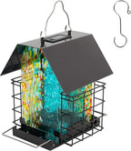 LUJII Solar Bird Feeder for Outdoor Hanging, 2 Suet Cake Cages, Hand-Blown Glass Container, Metal Roof, All-Weather Design for Woodpeckers, Teal