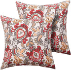 Magpie Fabrcis Pack of 2 Outdoor Waterproof Throw Pillow with Insert 18 x 18 Inch, Christmas Decorative Back Cushion Pad for Garden Patio Tent Balcony Couch Sofa(Floral Red Orange)