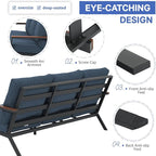 Soleil Jardin Aluminum Patio Furniture 3-Seater Couch, Outdoor 3 Seats Sofa with FSC Certified Solid Wood Top, Outdoor Conversation Set 3 Seater Deep Seating w/Removable Cushion, Denim Blue