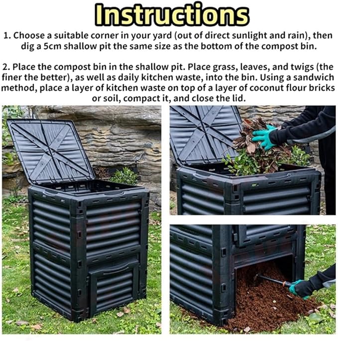Large Fertilizer Fermentation Box, Plastic Compost Bin, Lightweight Outdoor Composting Box Suitable for Garden, Courtyard and Kitchen(Black,Large)