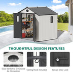 8x8 Resin Outdoor Storage Shed with Floor, Plastic Tool Shed for Gardening, Patio, and Deck, White/Gray