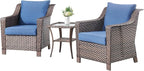 3 Pieces Patio Furniture Set-Wicker Patio Chairs Set of 2 with Tempered Glass End Table Outdoor Patio Chairs for Deck Balcony Poolside Backyard-Brown/Blue