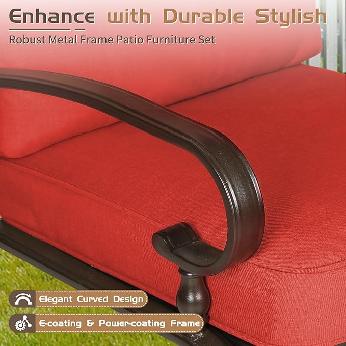 4-Piece Outdoor Metal Furniture Sets Patio Conversation Set Wrought Iron Loveseat, 2 Single Chairs, Coffee Table with Cushion, Lawn Front Porch Garden, Red