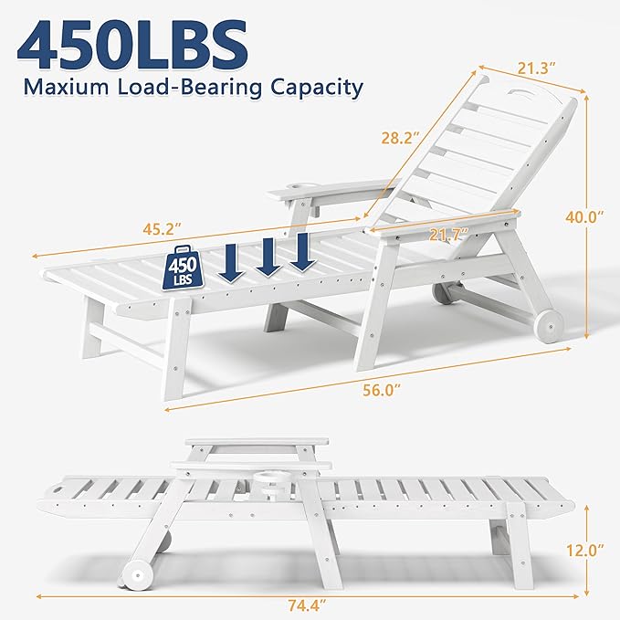Patio Chaise Lounge Chair Set of 4, HDPE Outdoor Lounge Chairs with 5-Position Adjustable Backrest, Cup Holder and Wheels, 450lbs Capacity for Poolside Deck Backyard, All Weather Material(White)