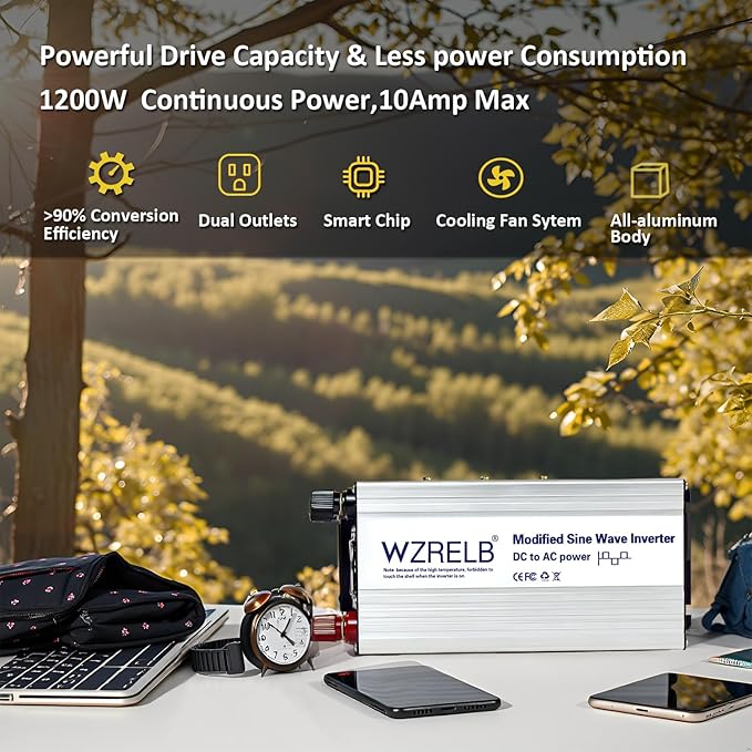 WZRELB 1200W Power Inverter 12V DC to 110V 120V AC,2400W Peak Modified Sine Wave Car Inverter with LED Display,Dual AC Outlets,Soft Starter,Off-Grid Power Converter with High Efficiency up to 90%