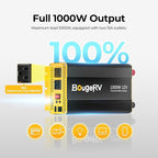 BougeRV 1000W Pure Sine Wave Inverter Convert 12V DC to 120V/110V AC, Fully 1000W Output, Built-in BT for BougeRV APP, Wired Remote Controller, Off-Grid Solar System, RV, Backup Power