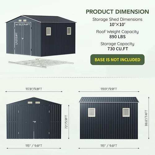 10x10 FT Outdoor Metal Storage Shed, Double Swing Doors, 2 Clear Windows,Tool Shed for Garden, Patio, Backyard Nightblue