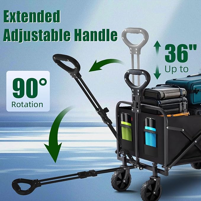 52" L Collapsible Wagon Cart Foldable, 300L 560lbs Weight Capacity, Heavy Duty Beach Wagon with Big Wheels, Shopping Carts for Grocery, Camping, Shopping, Beach, Garden Cart