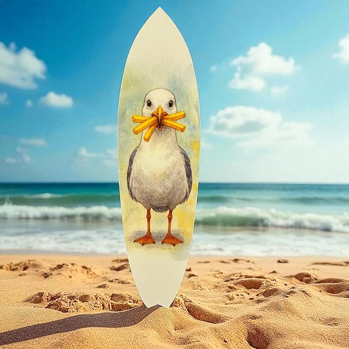 JennyGems Funny Seagull Surfboard Wall Art – Coastal Beach Decor, Seagull with Fries, Outdoor PVC Surfboard Sign, 2 Foot