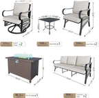 8 Pieces Outdoor Patio Conversation Sets with All Weather Cushions, Metal 2 Three-Seater, 2 Swivel Rockers, 2 Single Chairs, 1 Side Tables, 1 Fire Pit Table for Backyard Deck Porch Poolside, Beige