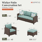 Patio Furniture Set, 5 Pcs Wicker Rattan Outdoor Conversation Set, 2 x Leg Chairs, 1 x 3 Seater Sofa and 2 x Ottoman with 4" Thick Cushion for Garden Backyard Deck, Blue