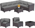 Outdoor Patio Furniture Set, 7 Pcs Outdoor Furniture All Weather Patio Sectional Sofa PE Wicker Modular Conversation Sets with Coffee Table,6 Chairs & Seat Clips Grey