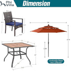 PHI VILLA 5 Piece Outdoor Dining Set with Umbrella for 4, 37" Square Metal Wood-top Table & Wicker Rattan Chairs with Cushions & 10ft Red Umbrella, Dining Furniture for Patio, Deck, Backyard, Porch