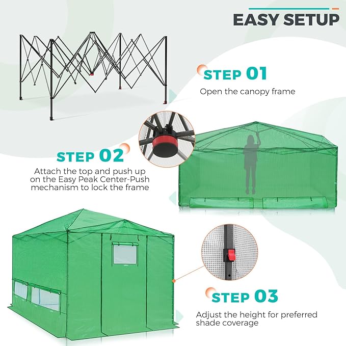 EAGLE PEAK Instant Pop-up Greenhouse, Indoor Outdoor Plant Gardening Green House, Roll-Up Zipper Doors & Side Windows - Winter Support Pole, Walk in 12x8 ft, Green/Clear