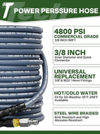3/8" 4800PSI Pressure Washer Hose 50FT with Swivel Quick Connect for Cold/Hot Water Max 248°F, Kink Resistant Steel Wire Braided, Wear Resistant Power Washer Hose with M22 14mm Adapter