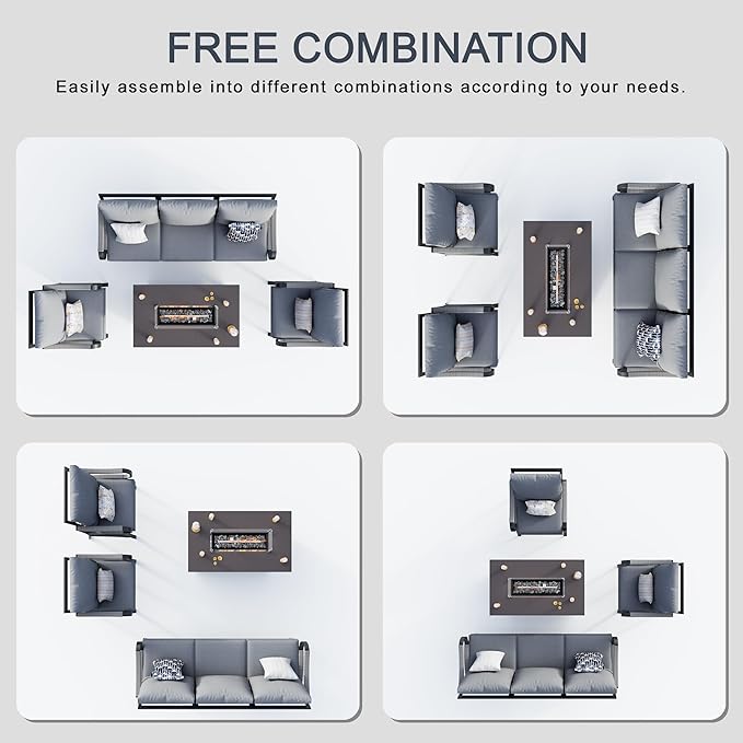 4 Pieces Patio Conversation Sets, All Weather Metal Outdoor Furniture Set, 3-Seater, 2 Single Chairs, 1 Fire Pit Table for Backyard Garden Deck Porch Poolside, Gray