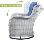 HUMMUH 3-Piece Swivel Rocking Rattan Chair Outdoor,Patio Bistro Furniture Conversation Set,Wicker Chair with Glass Side Table(Light Grey,Blue)