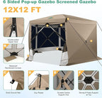 COBIZI 12x12 pop up Gazebo on Clearance Screen Tent for Camping, Scalable Sesign Outdoor Canopy Tent with Extension Support Poles & sidewalls,with Portable Carrying Bag and Ground Stakes,Khaki
