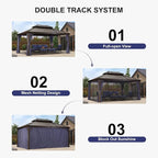 PURPLE LEAF 12' X 16' Permanent Hardtop Gazebo for Patio with Netting and Curtains Deck Backyard Heavy Duty Sunshade Metal Roof All Weather Outdoor Pavilion Canopy