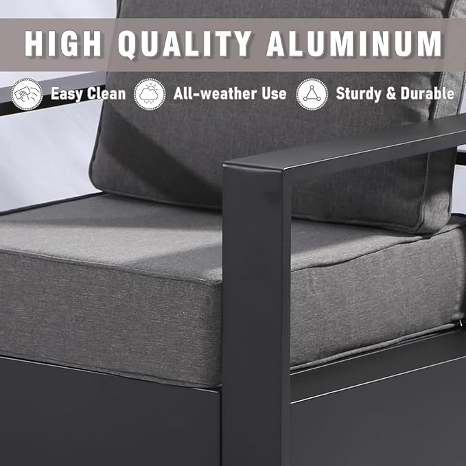 Aluminum Patio Chair - Outdoor Chair with 6" Thick Water-insistant Cushions, All-Weather Use Frame, Removable Cover, Ideal for Garden, Poolside (Grey)