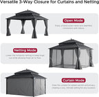 SUNJOY Kingston 14' x 12' Hardtop Gazebo with Galvanized Steel Double Roof, Curtain and Netting, Gray Aluminum Posts Permanent Pavilion Gazebo for Garden, Patio, Deck, Lawn