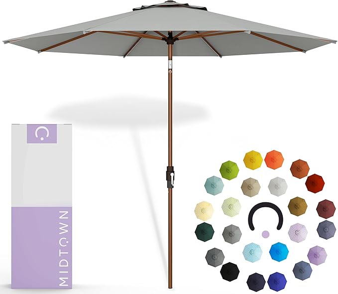 Midtown Umbrellas The Wooden 2-10 Feet Large Patio Umbrella, Terylast Matter Grey Fabric - Auto-Tilt Aluminum Frame For Backyard Umbrella, Deck Umbrella, Garden Umbrella & Pool - Wooden Pole