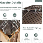 MELLCOM 12'x16' Hardtop Gazebo, Wood Grain Aluminum Frame Outdoor Gazebo with Double Galvanized Steel Roof, Permanent Metal Pavilion with Curtains and Nettings for Patio, Backyard, Deck and Lawns