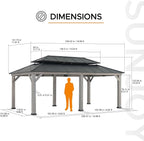 SUNJOY 12 x 20 ft. Wood Gazebo with 2-Tier Aluminum Roof, Outdoor Patio Cedar Framed Hardtop Gazebo with 2-Tier Roof, Suitable for Patios, Lawn and Backyard, Matte Black Roof + Gray Wood Frame