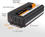 1500W Pure Sine Wave Inverter (3000W Peak), 12V/24V Auto-Detect, 50Hz/60Hz Switchable, LCD Display, Type-C Fast Charging, Silent Design, Overload & Overheat Protection for RV, Home (Black-1500W)