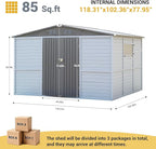 Galvanized Steel Frame & Solid Fir Wood Wall Shed | 8x10ft Outdoor Storage Shed with 10-Grade Waterproof Roof & 9-Level Wind Resistance, Lockable Double Doors & Windows for Garden, Lawn, Patio