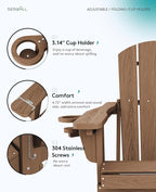 SERWALL Folding Adirondack Chair Set of 6, Reclining Adirondack Chair with 3 Recline Positions, All Weather HDPE Outdoor Adirondack, Brown