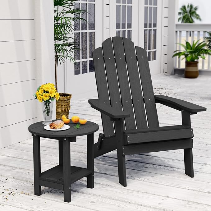 MXIMU Round Outdoor Side Table Adirondack Tables 18 Inch Chairside End Tables with Storage Shelf, 2-Tier Plastic Patio Side Table for Balcony Backyard Lawn (Black, 1 Pack)
