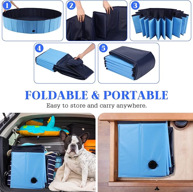 Foldable Dog Pool, Portable Pet Bath Tub and Kiddie Swimming Pool, Collapsible Bathtub for Puppies, Small, Medium and Large Dogs, Cats and Kids, 48 x 12 in, Blue