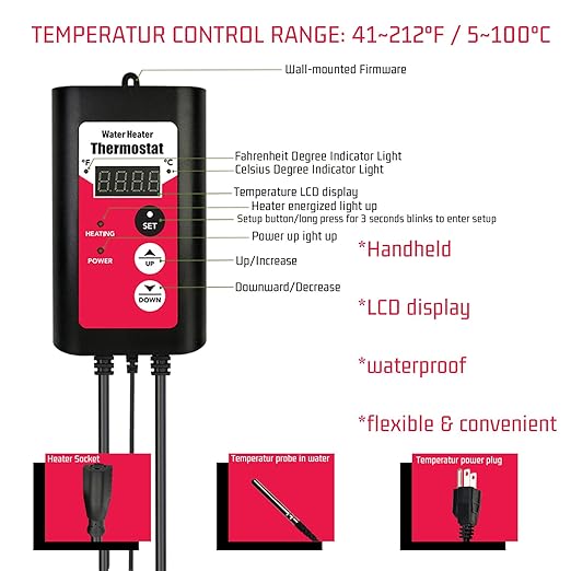 1300W Titanium Submersible Electric Immersion Water Heater with Temp Control & GFCI – Portable Heater for Above Ground Pool, Inflatable Pool, Baptistry, Spa Tubs, Bathtubs, bucket & Hot Tubs
