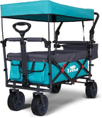TMZ Collapsible Folding Outdoor Utility Wagon with Removable Canopy - 265lbs Heavy Duty Trolley with Rubber Wheels, Adjustable Handles, Rear Basket, for Shopping, Picnic, Camping (Turquoise/Grey)