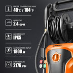 DNA MOTORING TOOLS-00230 Up to 2176 PSI Pressure 2.4 GPM Max Flow Electric Pressure Washer for Yard and Car Cleaning with Spray Nozzle Foam Bottle + 4 Turbo Nozzles IPX5 Driveway Patio Deck(Orange)