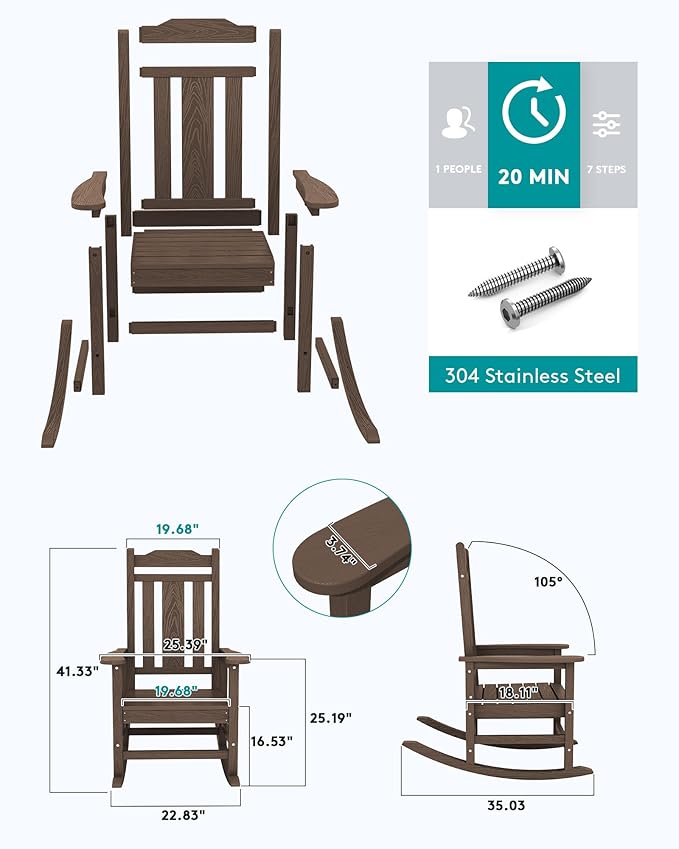 SERWALL Outdoor Rocking Chair Set of 6, Patio Rocking Chairs Set, HDPE Rocking Chair Outdoor for Adults, Heavy Duty Front Porch Rocker, Coffee