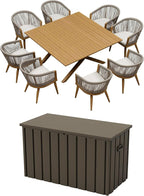 PURPLE LEAF Outdoor Dining Set for 8 with Brown Storage Box All-Weather Aluminum 9 Piece Furniture Sets with Woodgrain Large Square Table and Rope Weave Chairs Patio Set Teak Color