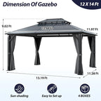 12' x 14' Hardtop Gazebo, Outdoor Polycarbonate Double Roof Gazebo with Metal Frame Permanent Pavilion with Netting& Curtains for Garden, Patio
