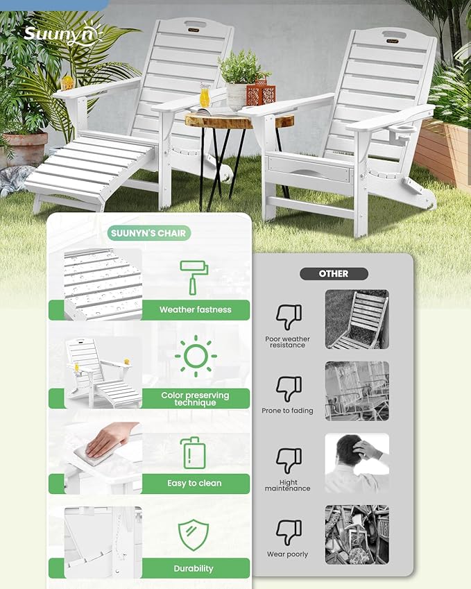 Folding Adirondack Chairs Set of 6,Adirondack Chair with Retractable Ottoman,Plastic Adirondack Chairs with 2 Cup Holder,Weather Resistant Patio Chair,Outdoor Chairs Set of 6(White)