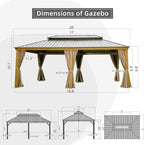 Domi Outdoor Living 12’x20’ Hardtop Gazebo, Wooden Coated Aluminum Frame Canopy with Galvanized Steel Double Roof, Outdoor Permanent Metal Pavilion with Curtains and Netting for Patio, Deck and Lawn
