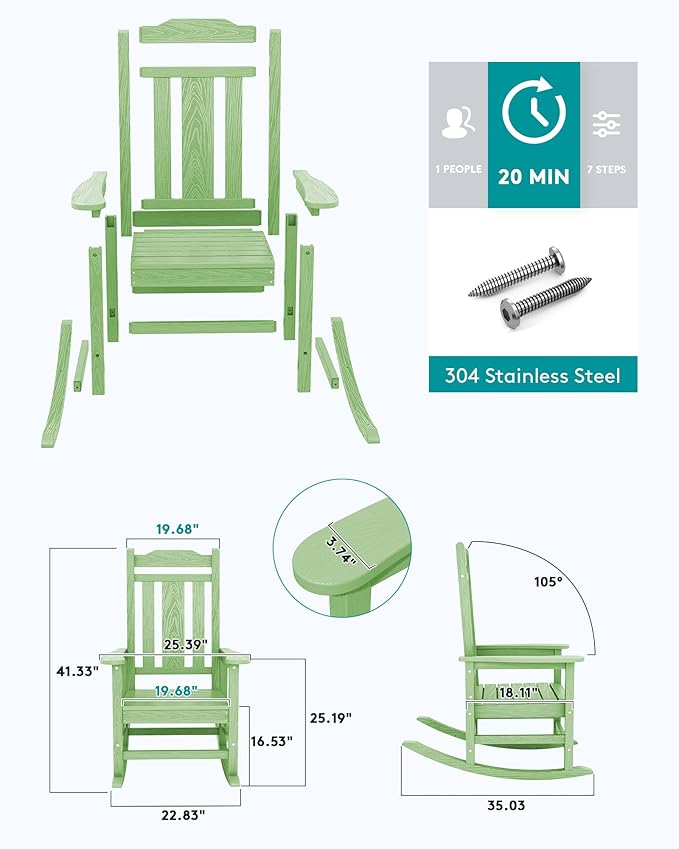 SERWALL Outdoor Rocking Chair, Patio Rocking Chairs for Porch, HDPE Rocking Chair Outdoor for Adults, Heavy Duty Front Porch Rocker, Mint