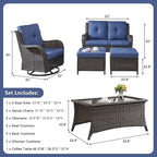 Rilyson 6 Piece Outdoor Patio Furniture Set - Rattan Wicker Patio Conversation Sets with 2 Swivel Rocker Chairs,2 Ottomans,1 Loveseat and 1 Coffee Table for Outside Porch Deck Backyard(Brown/Blue)