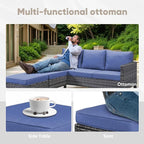 Wicker Patio Furniture Set, 6 PCS Outdoor Patio Furniture Set with Swivel Chairs, Includes 2 Swivel Patio Chairs, 1 Outdoor Couch, 1Side Table and 2 Ottoman, Grey/Blue