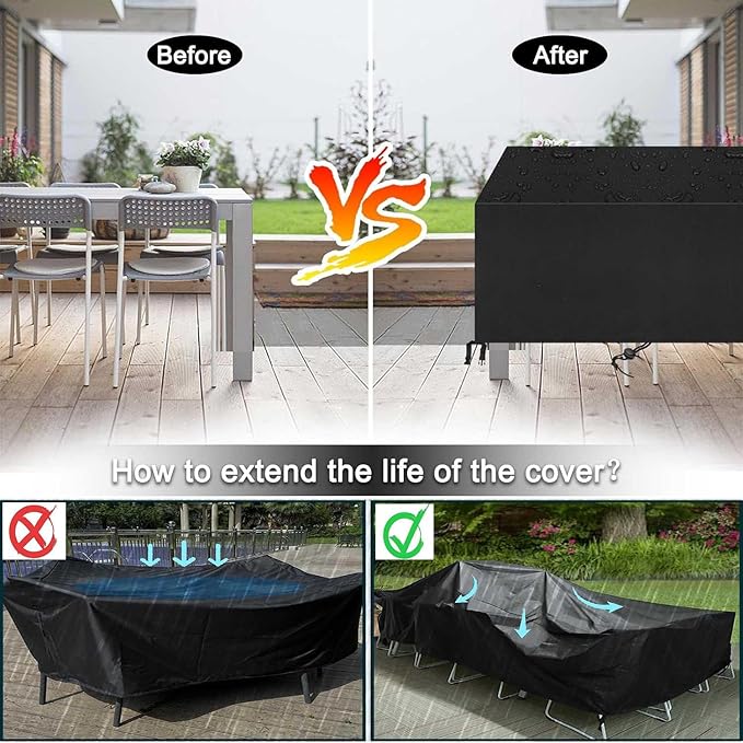 Patio Furniture Covers Outdoor Table Cover Waterproof Rectangular 420D Garden Dining Table Cover Wind Dust Proof Anti-UV Patio Sectional Couch Cover Table and Chair Set Covers 90"Lx65"Wx28"H Black