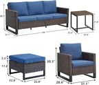 Rilyson Wicker Outdoor Patio Furniture Set - 6 Piece Patio Conversation Set with 2 Armrest Chairs,2 Rattan Ottoman,1 Couch and 1 Metal Side Table for Outside Porch Deck Backyard(Brown/Blue)