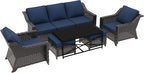 6 Pieces Outdoor Conversation Furniture Set - 77" Patio Sofa, 2 Armchairs, 2 Ottomans, 1 Metal Table, Patio Wicker Couch Set with Washable Cushions for Swimming Pool (Navy Blue)