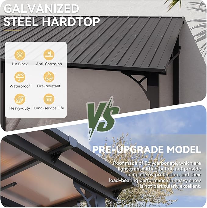 Aoxun 10' x 14' Lean to Gazebo, Upgraded Hardtop Outdoor Pergola with Sloping Galvanized Steel Roof, Large Wall-Mounted Heavy Duty Awnings for Patio, Backyard, Deck, Porch (Dark)