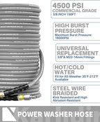 Pressure Washer Hose 150FT 3/8" for Cold and Hot Water 212°F, with Swivel Quick Connect, 4500PSI Kink Resistant Grade Steel Wire Braided, Power Washer Hose With 2pcs M22-14mm Adapter