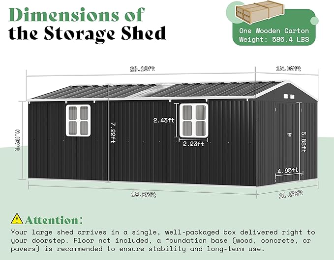 AMERLIFE 12x20x7.2 FT Metal Storage Shed with 2 Transparent Panels, Outdoor Tool Shed with Hinged Double Doors, Windows & Vents, Reinforced Steel Frame for Backyard Garden, DIY Workshop, Dark Gray